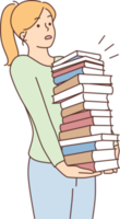 Young woman carrying pile of books png