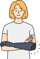 Smiling woman with hand prosthesis png