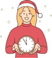 Smiling woman in Santa hat hold clock png