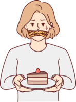 Unhappy woman cover mouth refuse from cake png