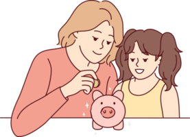 Mother and daughter put coin in piggybank png