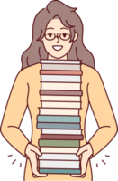 sonriente mujer con pila de libros png