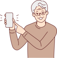 Smiling elderly man point at cell screen png