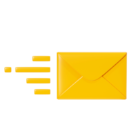 Letter 3d render - open yellow envelope with paper card and sign. New mail or message notification. Cartoon paper newsletter icon for income email or postal subscription concept. png