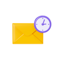 Letter 3d render - closed yellow envelope with clock. New mail or message notification. Cartoon paper newsletter icon for income email or postal subscription concept. png