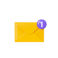 Letter 3d render - closed yellow envelope with notification. New mail or message income. Cartoon paper newsletter icon for email or postal subscription concept. png