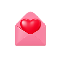 Love letter 3d render - open pink envelope with flying red heart. Romantic newsletter or message for romantic congratulation, invitation or Valentine day greeting. png