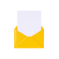 Letter 3d render - open yellow envelope with empty paper card. New mail or message notification. Cartoon newsletter icon for income email or postal subscription concept. png