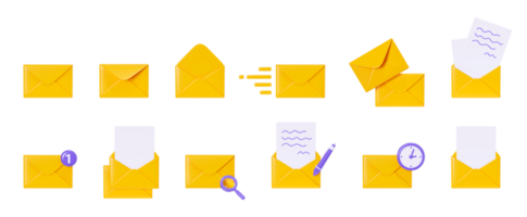 Letter 3d render set - yellow envelope collection closed and open with paper. Sending newsletter or subscription concept. Icons for sending message by mail. png