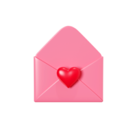 Love letter 3d render - open pink envelope with red heart decoration. Romantic newsletter or message for romantic congratulation or Valentine day greeting. png