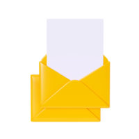 Brief 3d machen - - öffnen Gelb Briefumschlag mit leeren Papier Karte. Neu Mail oder Botschaft Benachrichtigung. Karikatur Newsletter Symbol zum Einkommen Email oder Post- Abonnement Konzept. png