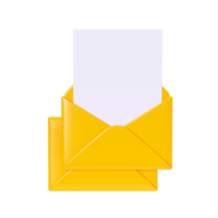 Letter 3d render - open yellow envelope with empty paper card. New mail or message notification. Cartoon newsletter icon for income email or postal subscription concept. png