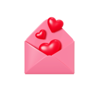 Love letter 3d render - open pink envelope with flying red heart. Romantic newsletter or message for romantic congratulation, invitation or Valentine day greeting. png