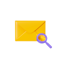 Letter 3d render - closed yellow envelope with magnifier glass. New mail or message notification. png