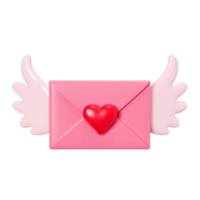 Love letter 3d render - closed pink envelope with red heart decoration and wings. Romantic newsletter or message for romantic congratulation or Valentine day greeting.. png