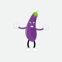 Cute eggplant character vector illustration. Flat eggplant cartoon character waving. Minimal purple eggplant fruit design for children books. Eggplant cartoon character