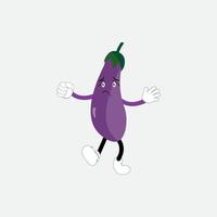 Cute eggplant character vector illustration. Flat eggplant cartoon character waving. Minimal purple eggplant fruit design for children books. Eggplant cartoon character