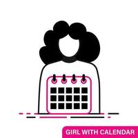 Girl with calendar vector line icon with red colour