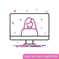 Girl on the computer. Flat simple icon vector