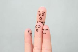 Fingers art of family during quarrel. Concept children remained with father, kids are crying. photo