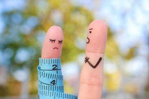 Fingers art of couple with meter. Concept husband is angry that his wife can not lose weight. photo