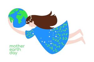 22 april - International Mother Earth Day illustration. Cartoon woman with flowers wreath, leaves and the Earth globe in hands. Save the Earth vector flat design.