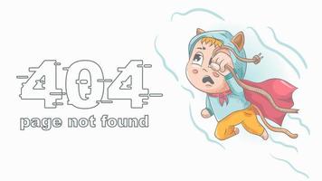 error 404 page not found funny little man Chibi in a red raincoat flying with a broken wire illustration for design design vector