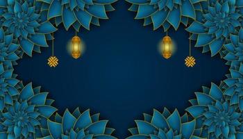 Luxurious Islamic background with decorated floral frames in dark blue and gold. with a blank area in the middle for text vector