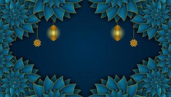 Luxurious Islamic background with decorated floral frames in dark blue and gold. with a blank area in the middle for text vector