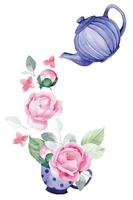 acuarela dibujo. tetera y taza de té con rosado Rosa flores y eucalipto hojas vector
