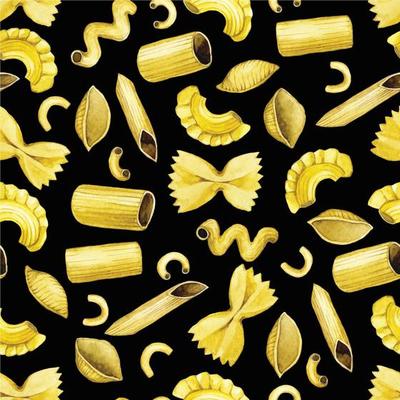 seamless pattern with types of pasta, print. cute vintage illustration on dark background, pasta, italian food. cuisines of the world
