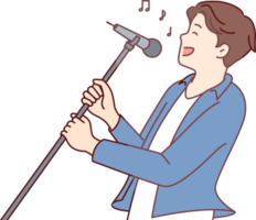 Man pop star sings song leaning back with microphone on tripod in hands png