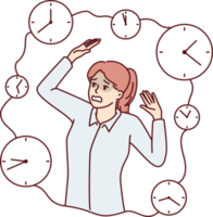 Frightened woman raising hands standing among clocks symbolizing tough deadlines png