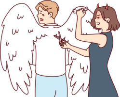 Woman with clipping wings on back of crying man to limit freedom and potential png