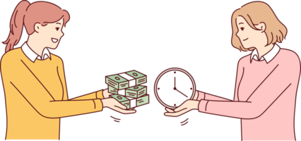 dos mujer intercambiar tacos de dinero y relojes, simbolizando compra de gratis hora png