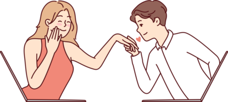 Determined guy kisses hand of embarrassed girl looking out of laptop screen png