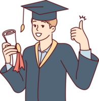 Graduate guy in academic gown and hat holds bundle with diploma and shows thumbs up png