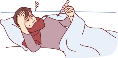 Sick guy lies on sofa or bed under blanket and looks at thermometer after getting flu png