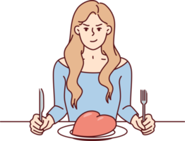 Frowning woman sits at table with giant heart in plate and holds fork with knife png