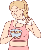 Frau vorbereiten gesund Frühstück Hinzufügen Milch zu Teller nach Morgen Fitness oder Sport png