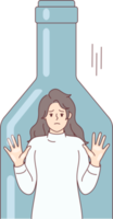 Depressed woman standing inside transparent bottle cant get out due to alcohol abuse png
