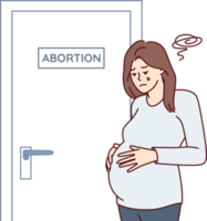 chateado grávida mulher perto porta com aborto placa depois de fazer difícil decisão png