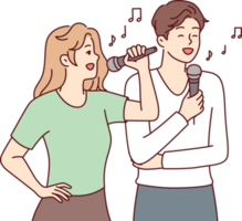 uomo e donna con microfoni eseguire canzone mentre godendo karaoke rompere su giorno via png