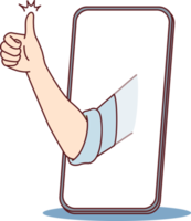 Mobile phone and hand with thumb up symbolizing approval of good app or website png