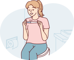 Positive woman sitting in toilet happily looking at pregnancy test result png