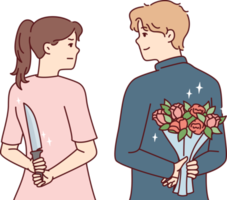Man and woman look into eyes holding knife and flowers behind their backs png