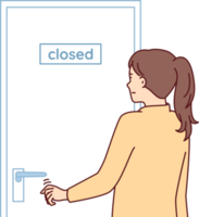 Indecisive woman pulls hand to door with inscription closed stands with back to screen png