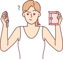 Thoughtful woman holding tampon and pad choosing what to use during menstruation png