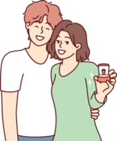 Young couple of man and woman stand in embrace showing box with wedding ring png