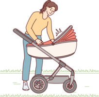 Caring woman walks with kid in stroller soothing crying toddler and adjusting blanket png